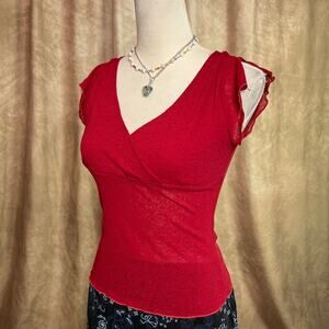 Vintage Y2K Top 90s Styles Faux Wrap Empire Waist V Neck Fitted Red Indie Euro